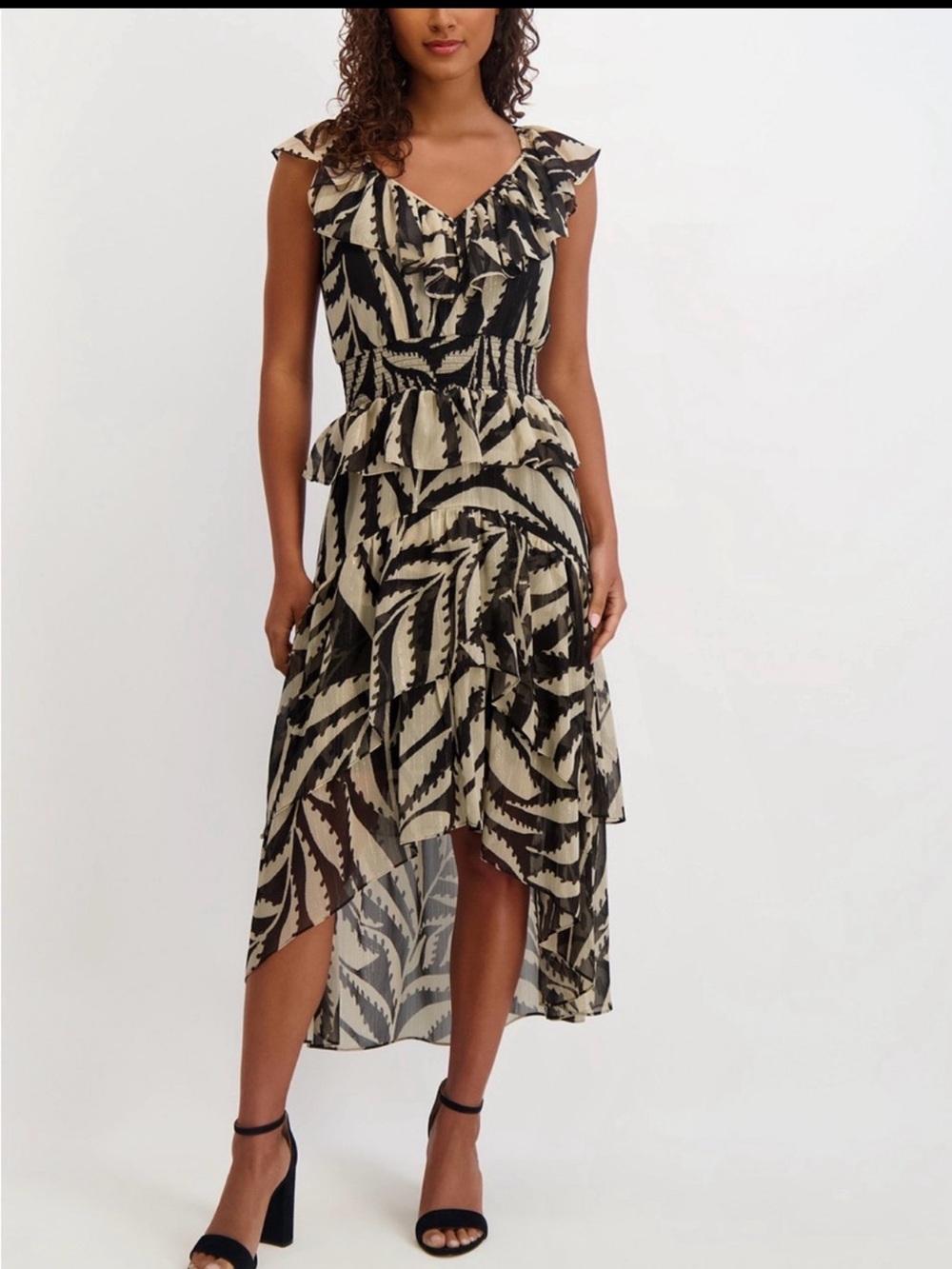 Kensie Black and Cream Leaf-Print Ruffle Dress (Roxie) from Macys